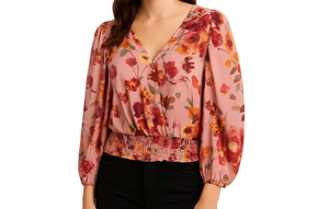 CeCe Floral Blouse Size XS Pink Wrap Ruffled Puff Sleeve Shirt